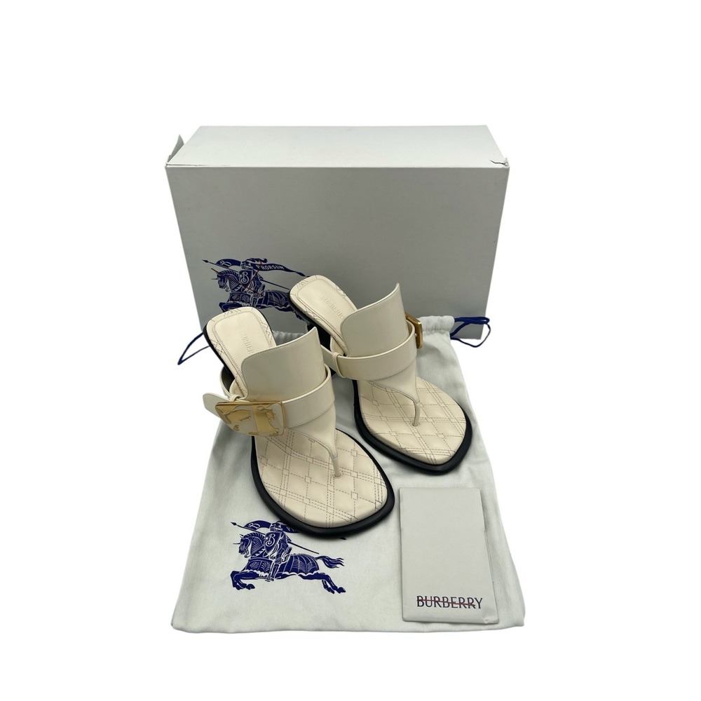 Burberry Leather Bay Equestrian Knight Heeled Sandals Cream Gold 36.5 US 6.5
